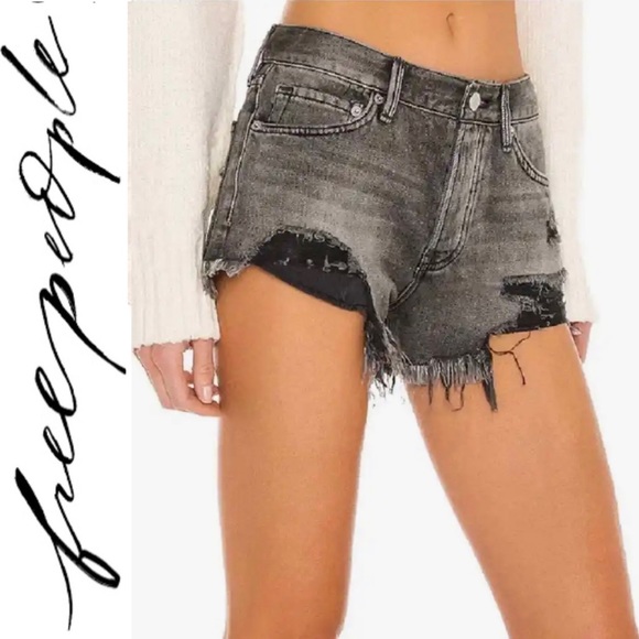 Free People We The Free Good Vibrations Cut-Off Denim Jean Shorts Sulphur Black - Picture 1 of 12